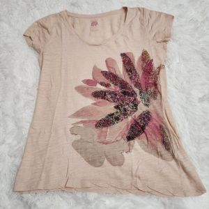 Lucky Brand Light Pink Boho Flower Embellished Short Sleeve Shirt